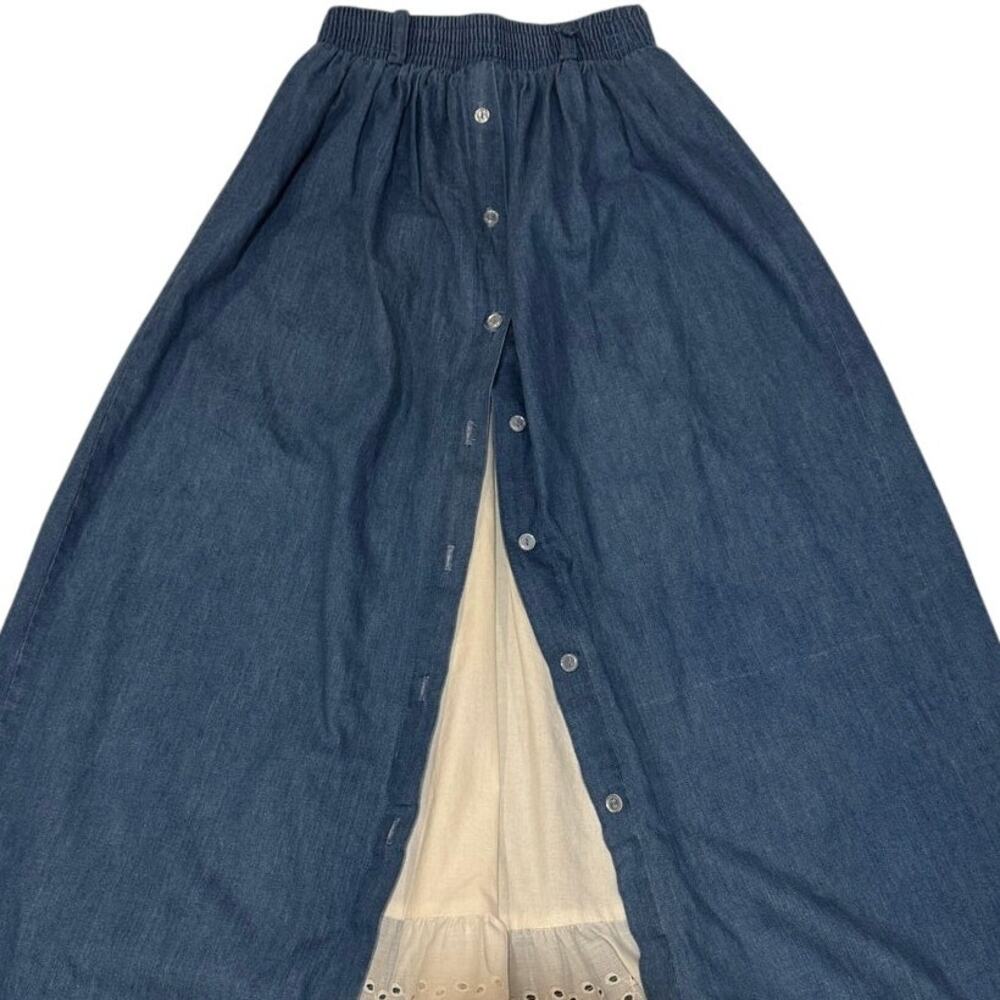 Vintage 70s Cottage Core Denim Blue Jean Skirt White Eyelet Lace Inset Size XS - Picture 7 of 10